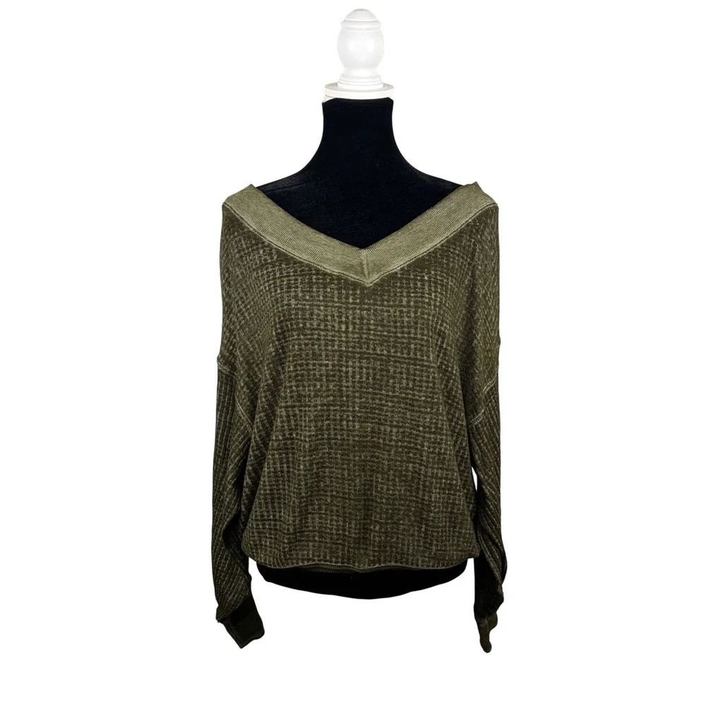 We The Free Free People Olive Green Waffle Knit V-Neck Thermal Top XS Ovr